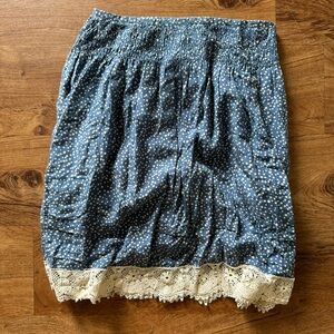 Sundance Womens Silk Blend Skirt 4 Polka Dot Blue Cream Lace Trim Shirred Lined